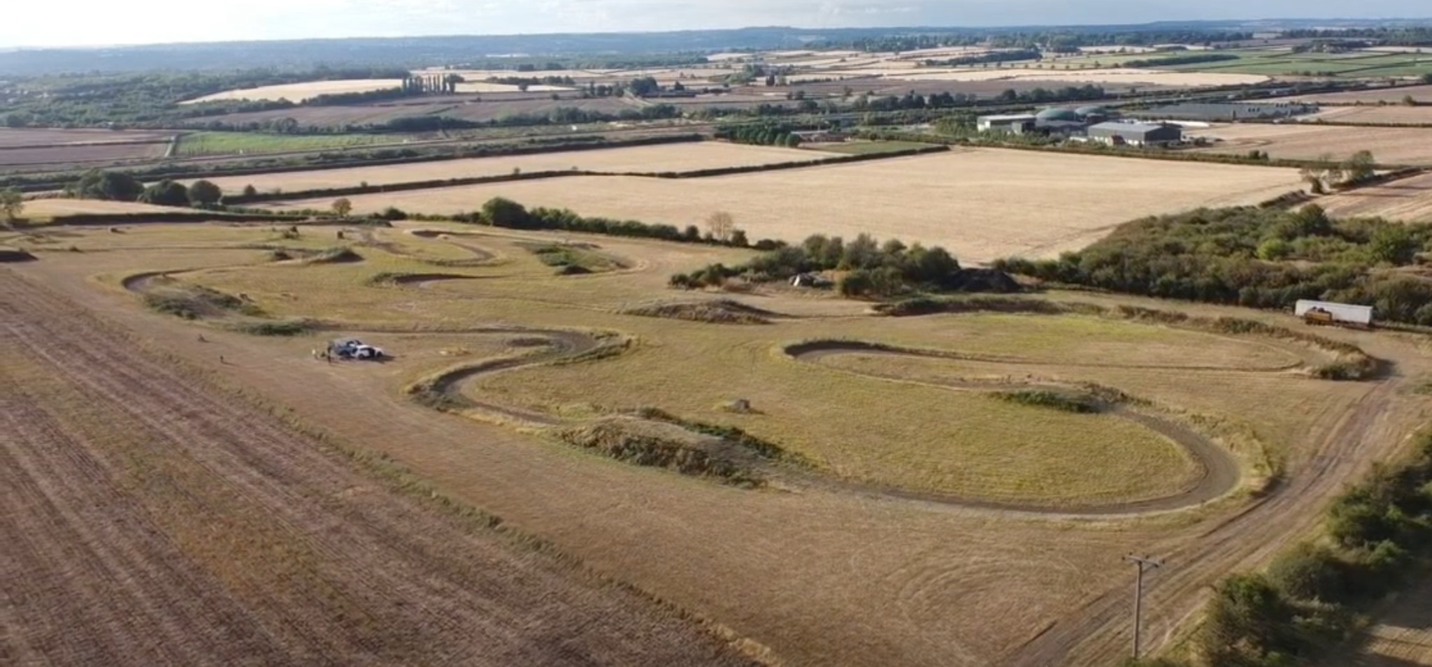 Aerial drone view of the real Hill Side MX motocross track in the Nottinghamshire countryside